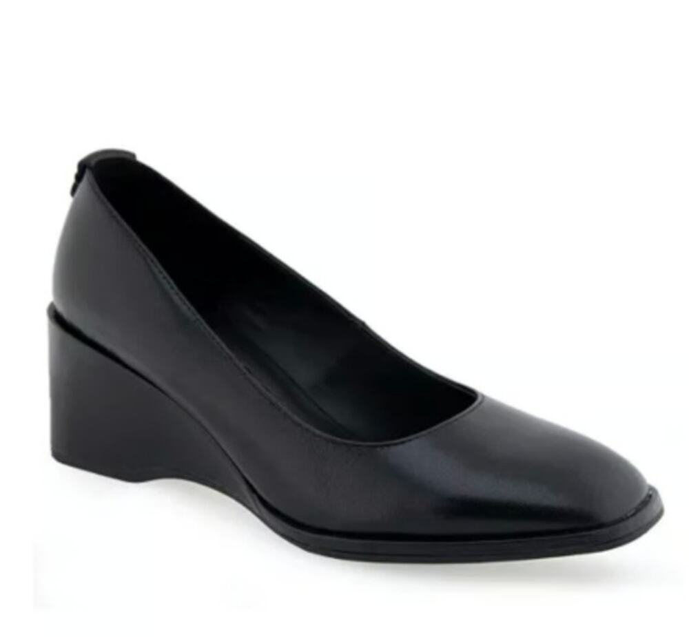 Aerosoles Aurora Pumps Womens 11 Black Leather Wedge Heel Square Toe NWOB